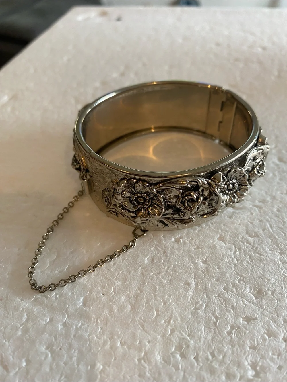 Silver Floral Engraved Hinged Bangle Bracelet